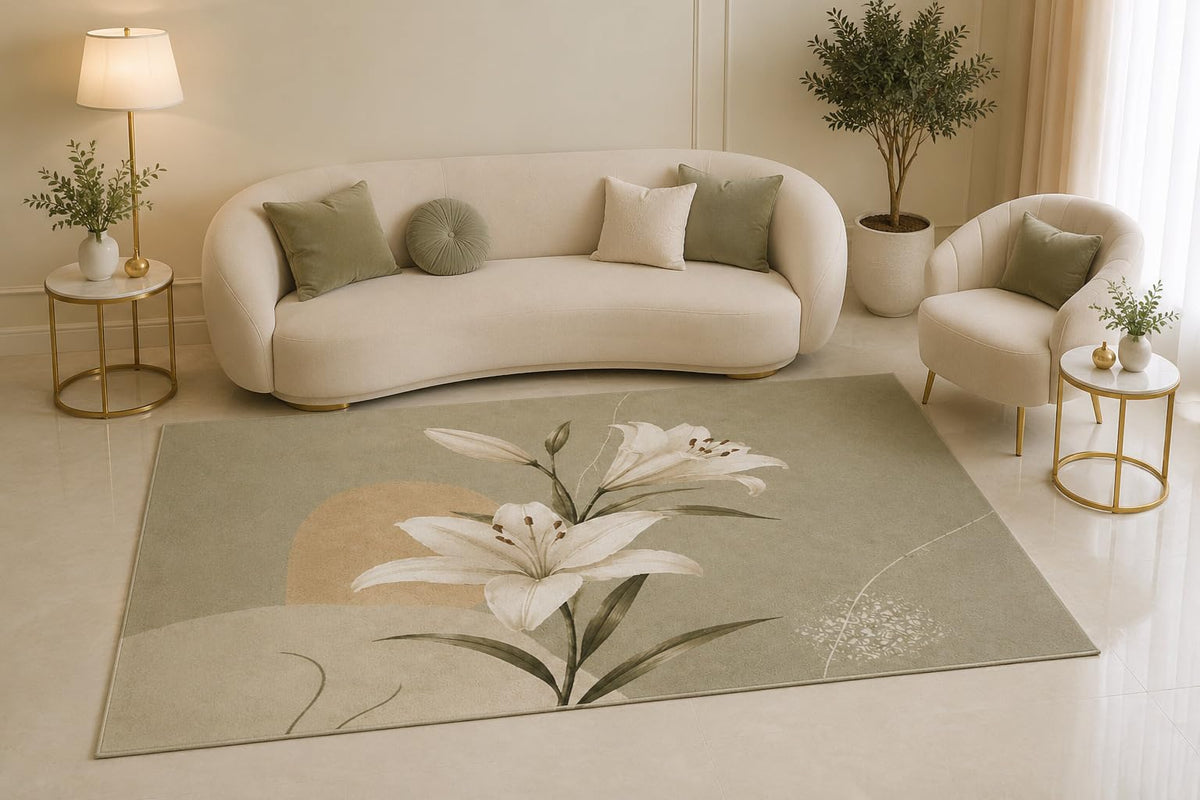 ICE ARMOR 5' x 7' White Lily Floral Area Rug, Sage Green Botanical Nature Design for Living Room Bedroom Office Decor, Non-Slip Silicone Backing Low Pile
