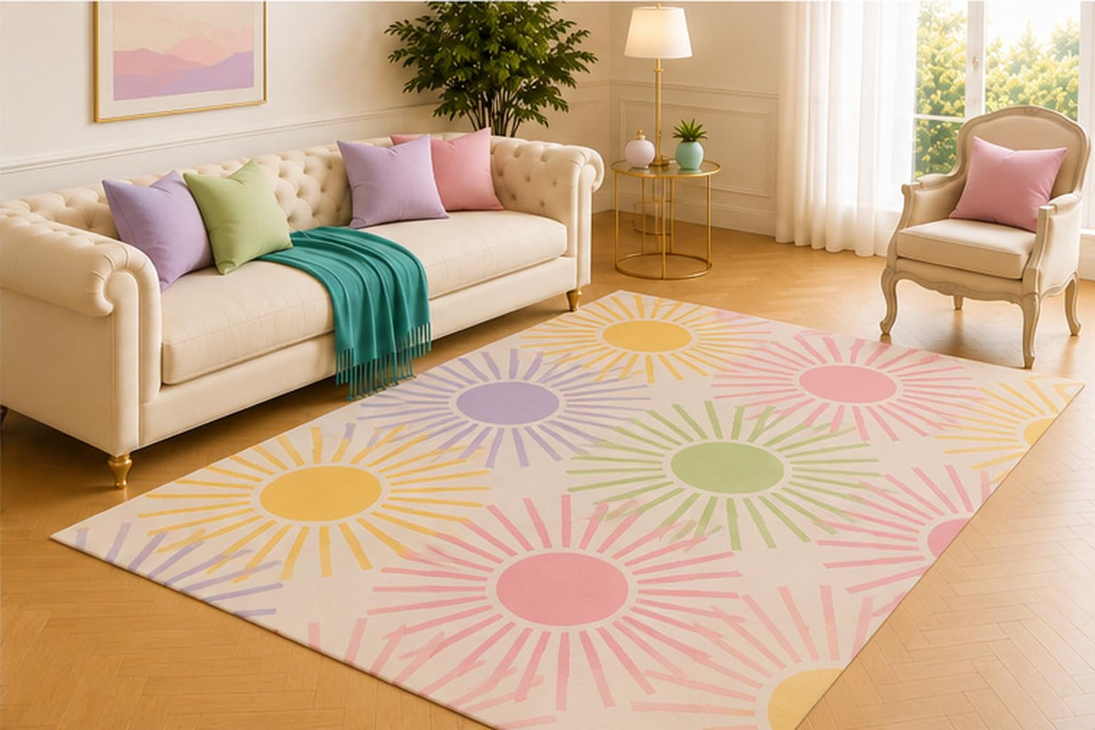 ICE ARMOR 5' x 7' Pastel Sunburst Area Rug, Modern Geometric Floral Pattern in Pink Sage Green Lavender Yellow and Cream, Soft Low Pile Carpet for Living Room Nursery Bedroom