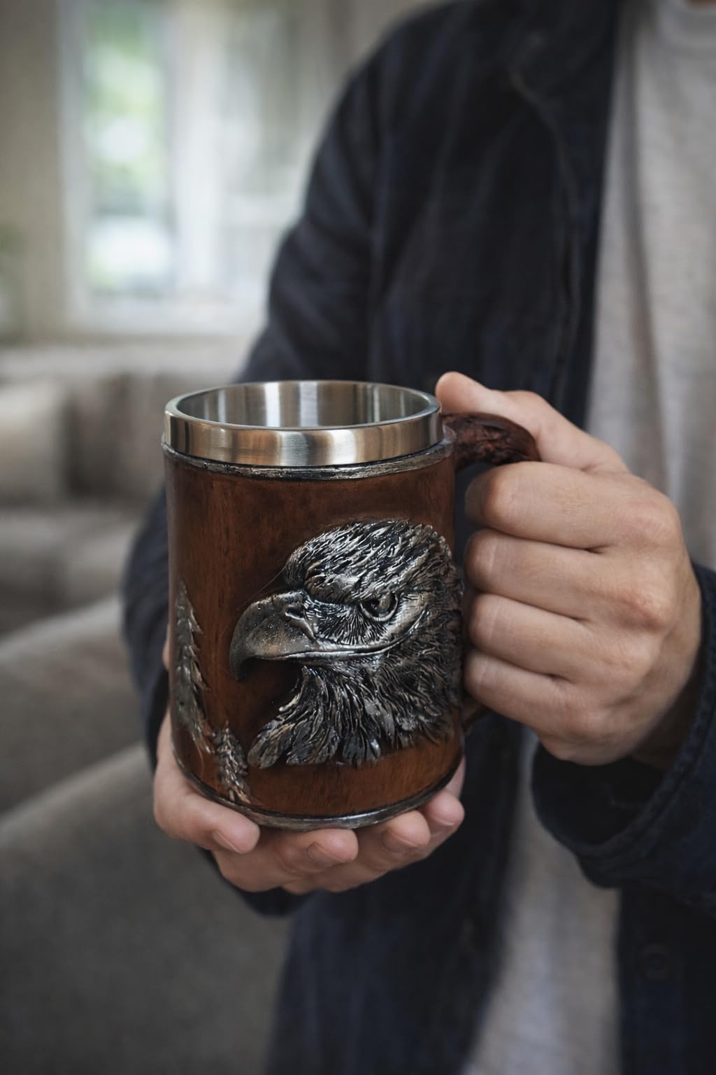 ICE ARMOR Farmhouse Style 6" W Eagle Stainless Steel/Resin Beer Mug Tankard – Vintage Drinkware Cup for Beer, Coffee, Juice, Ale & Beverages, Rustic Barware (Wash by hand only)