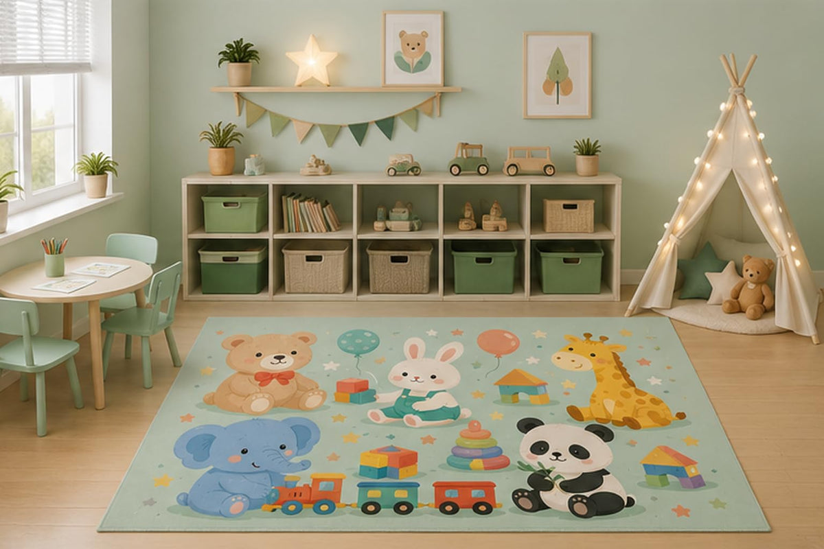 ICE ARMOR 5' x 7' Animal Playtime Toys Area Rug for Kids Playroom Nursery Bedroom, Bear Bunny Elephant Panda Giraffe Cartoon Carpet, Non-Slip Silicone Backing Low Pile
