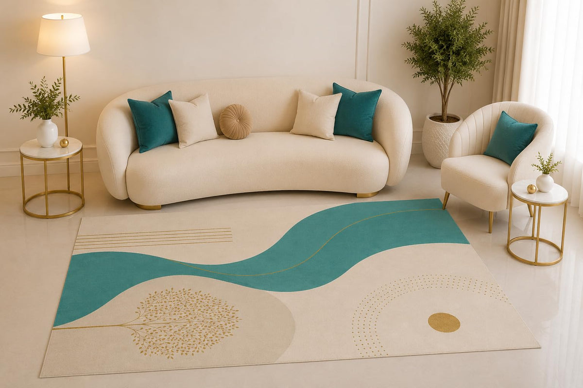 ICE ARMOR 5' x 7' Teal Abstract Area Rug, Modern Geometric Wave Minimalist Design for Living Room Bedroom Office Decor, Non-Slip Silicone Backing Low Pile