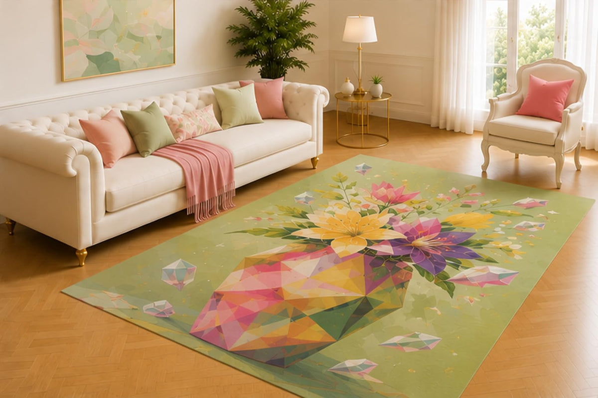 ICE ARMOR 5' x 7' Crystal Bouquet Rug, Geometric Pink, Yellow and Purple Flowers on Soft Sage, Modern Artistic Decor for Bedroom, Living Room, Studio or Office