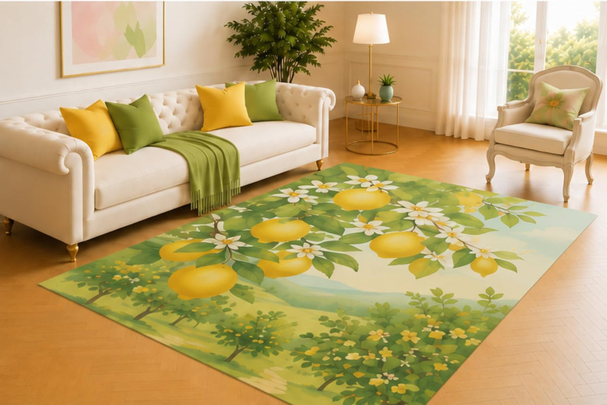 ICE ARMOR 5' x 7' Lemon Orchard Area Rug, Modern Citrus Blossom in Yellow Green and White, Soft Low Pile Carpet for Living Room Kitchen Bedroom Home Decor