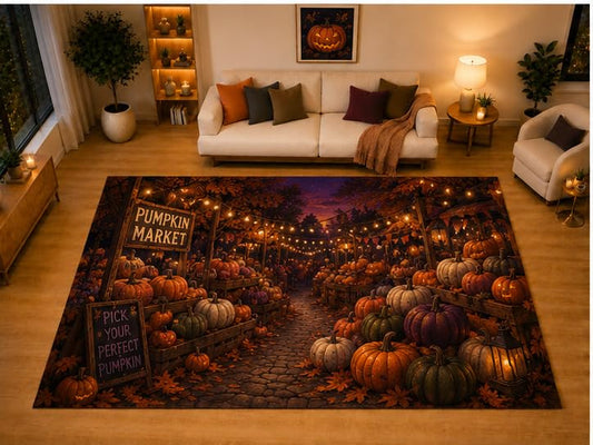 ICE ARMOR "Ultra Light Weight Large 6'7" x 9'10" Pumpkin Market Halloween Area Rug for Living Room Bedroom Dining Area, Soft Low Pile Non-Slip Backing, Orange Black Autumn Harvest Decor