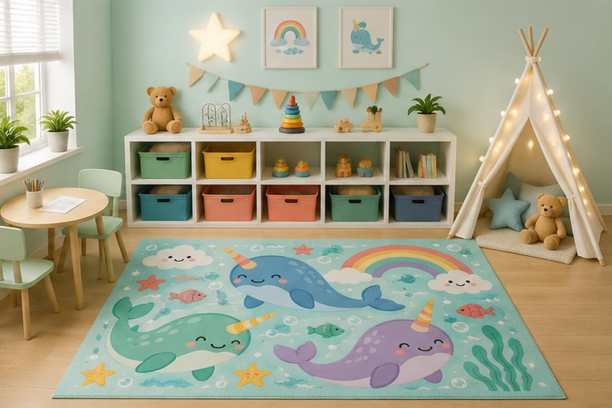 ICE ARMOR 5' x 7' Cute Narwhal Ocean Area Rug for Kids Playroom Nursery Bedroom, Kawaii Narwhals Rainbow Clouds Underwater Sea Life Coastal Cartoon Decor, Non-Slip Silicone Backing Low Pile