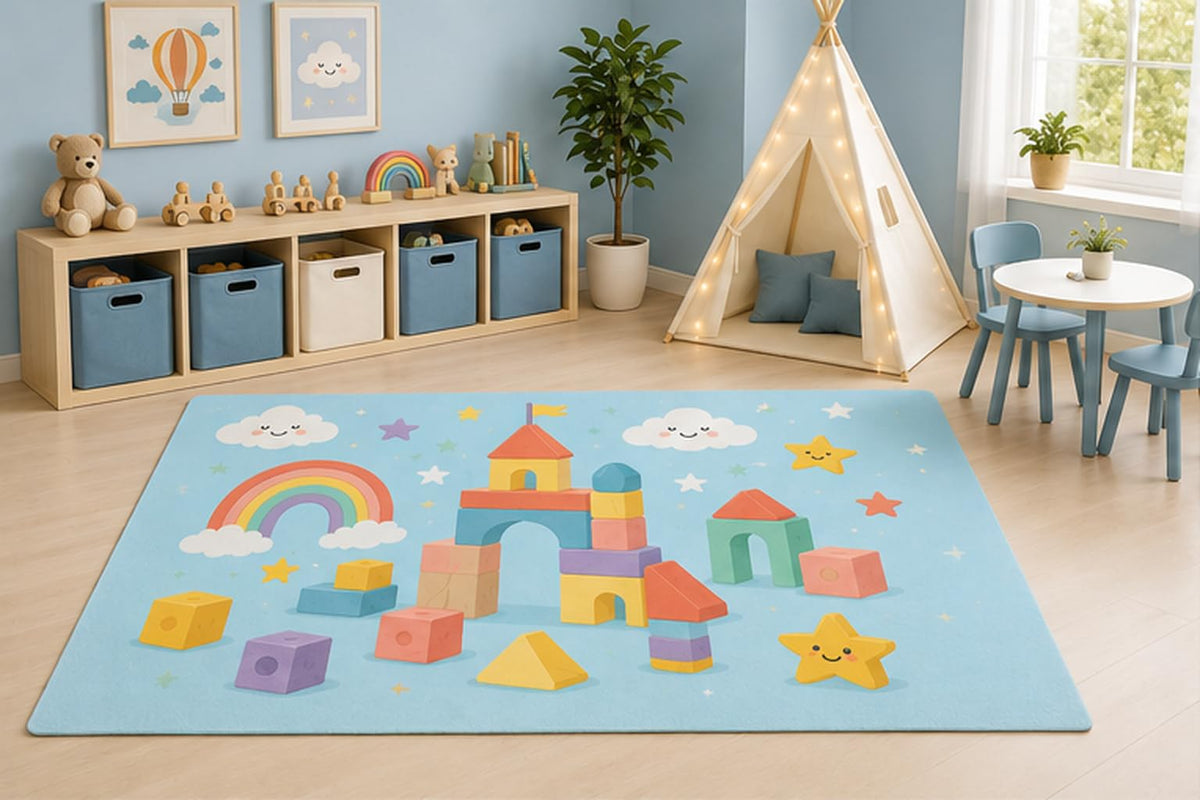 ICE ARMOR 5' x 7' Building Blocks Rainbow Area Rug for Kids Playroom Nursery Bedroom, Educational Cartoon Decorative Carpet, Non-Slip Silicone Backing Low Pile