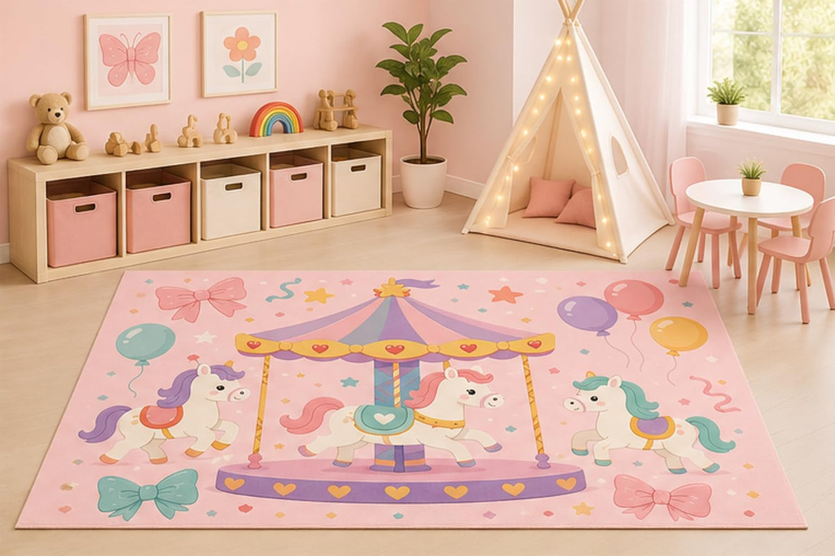 ICE ARMOR 5' x 7' Carousel Unicorn Area Rug for Kids Playroom Nursery Bedroom, Cute Pastel Merry Go Round Horses Cartoon Fantasy Decor, Non-Slip Silicone Backing Low Pile
