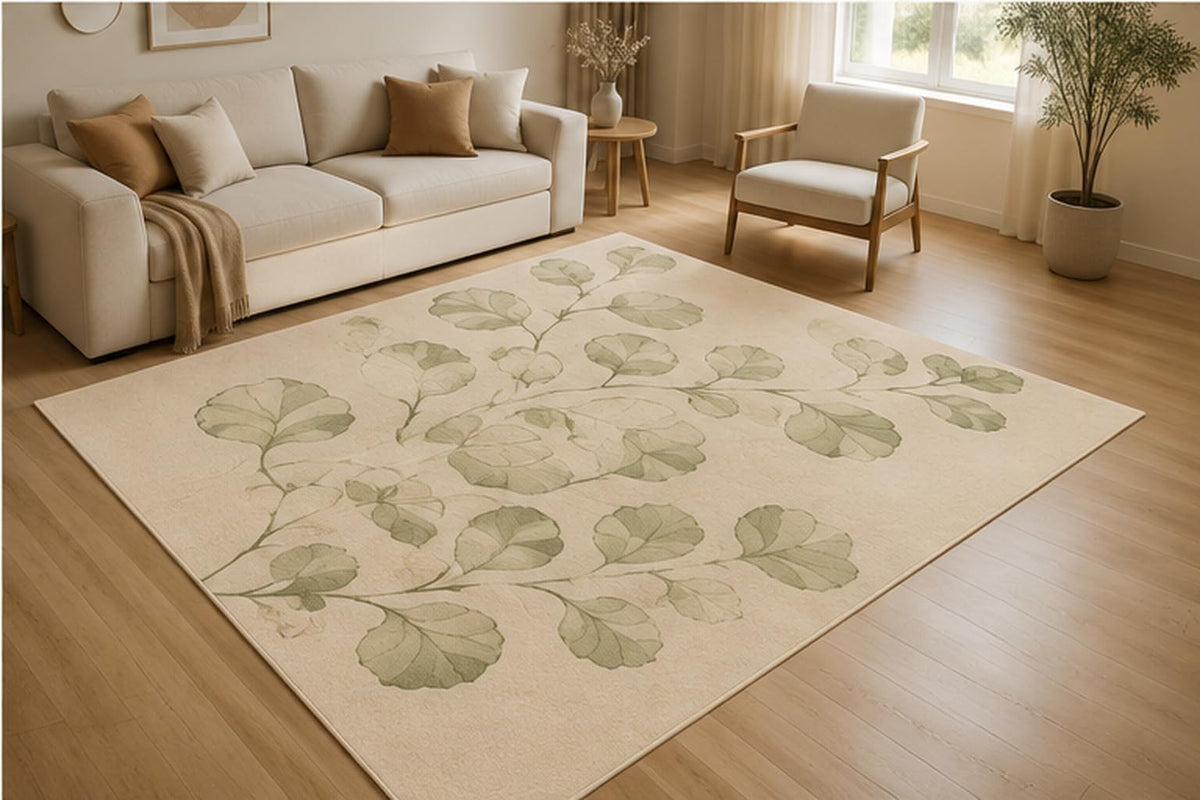 ICE ARMOR 5' x 7' Botanical Ginkgo Leaf Area Rug for Living Room, Soft Low Pile Indoor Rug with Non-Slip Silicone Backing, Nature Carpet for Bedroom, Nursery, Family Room, Sage Green Ivory
