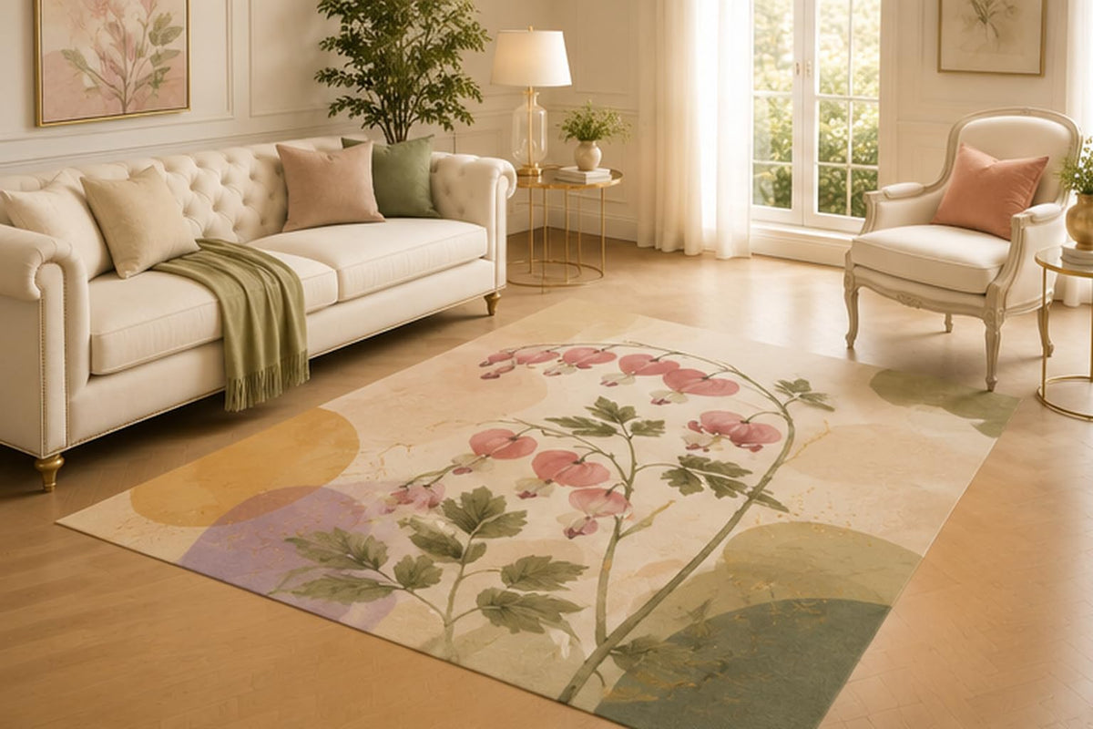 ICE ARMOR 5' x 7' Bleeding Heart Botanical Area Rug for Living Room, Soft Low Pile Indoor Carpet with Non-Slip Backing for Bedroom, Dining Room, Office, Pink