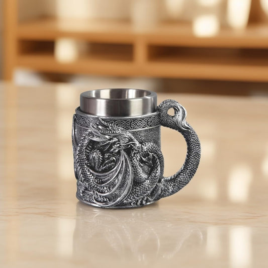 ICE ARMOR 7"W Dragon Handle Celtic Knot Stainless Steel/Resin Beer Mug Tankard – Vintage Drinkware Cup for Beer, Coffee, Juice, Ale & Beverages, Rustic Barware (Wash by hand only)