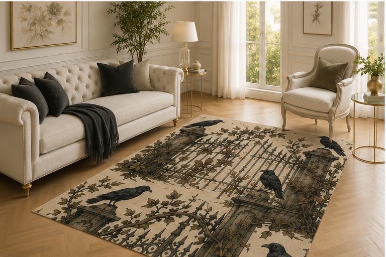 ICE ARMOR 5' x 7' Raven Gate Rug, Wrought Iron Ivy and Cemetery Artwork, Smooth Printed Floor Cover for Entryway, Study, Lounge and Dark Victorian Decor