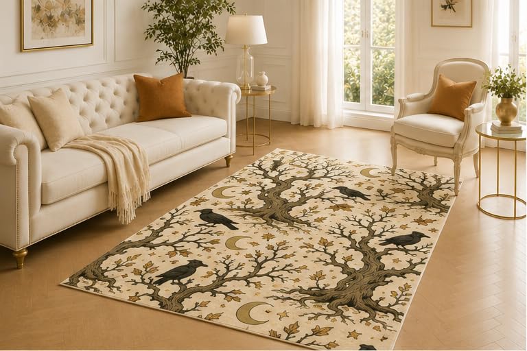 ICE ARMOR 5' x 7' Raven Moon Forest Rug, Twisted Tree Branch Autumn Star Artwork, Smooth Printed Floor Cover for Bedroom, Library, Den and Rustic Home Decor