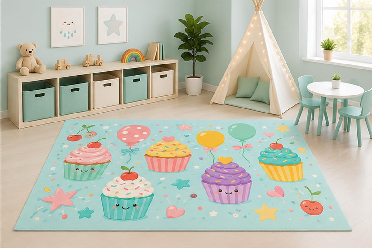 ICE ARMOR 5' x 7' Cute Cupcakes Area Rug for Kids Playroom Nursery Bedroom, Smiling Cupcake Cherry Balloons Sweet Bakery Kawaii Cartoon Decor, Non-Slip Silicone Backing Low Pile