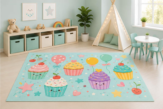 ICE ARMOR 5' x 7' Cute Cupcakes Area Rug for Kids Playroom Nursery Bedroom, Smiling Cupcake Cherry Balloons Sweet Bakery Kawaii Cartoon Decor, Non-Slip Silicone Backing Low Pile