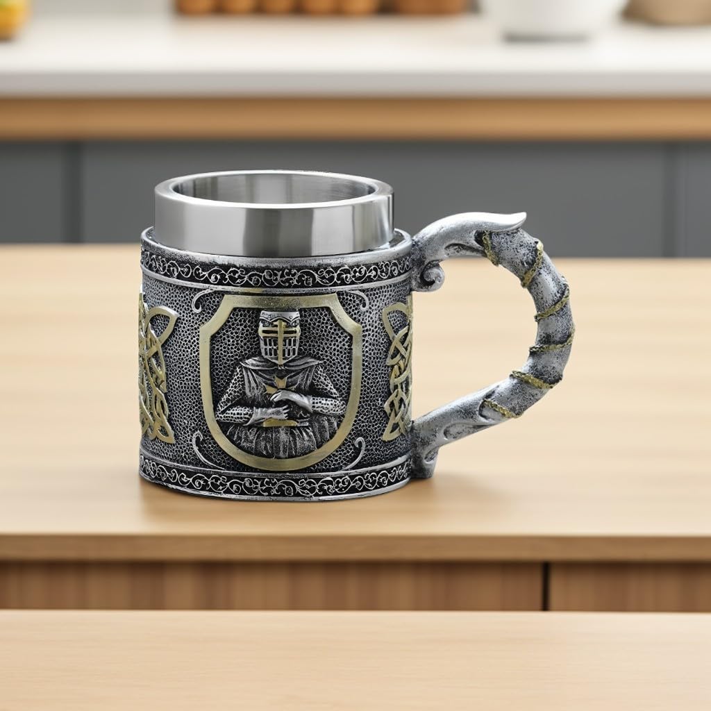 ICE ARMOR 5.25"W Medieval Knight Embossed Stainless Steel/Resin Beer Mug Tankard – Vintage Drinkware Cup for Beer, Coffee, Juice, Ale & Beverages, Rustic Barware (Wash by hand only)