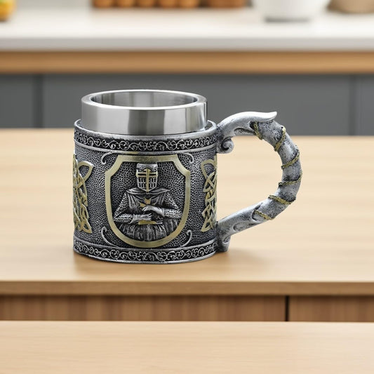ICE ARMOR 5.25"W Medieval Knight Embossed Stainless Steel/Resin Beer Mug Tankard – Vintage Drinkware Cup for Beer, Coffee, Juice, Ale & Beverages, Rustic Barware (Wash by hand only)