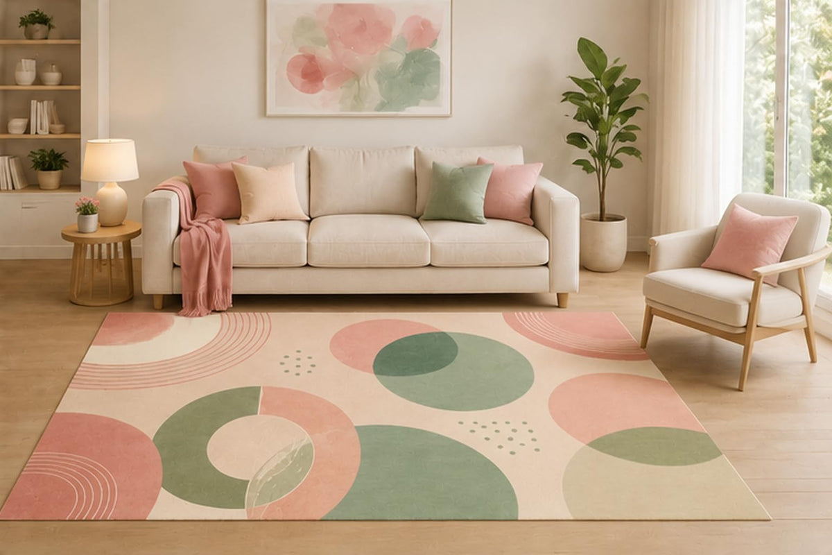 ICE ARMOR 5' x 7' Pastel Circle Geometric Area Rug, Pink Sage Green Modern Abstract Pattern for Living Room Bedroom Nursery, Non-Slip Silicone Backing, Low Pile Carpet