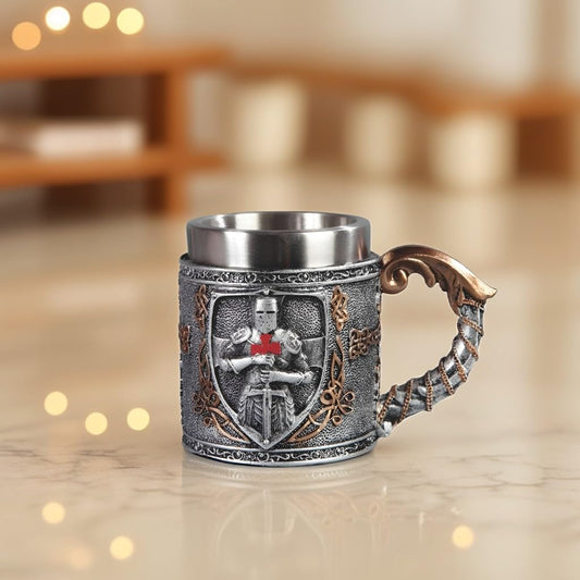 ICE ARMOR 4.75"W Medieval Knight Stainless Steel/Resin Beer Mug Tankard – Vintage Drinkware Cup for Beer, Coffee, Juice, Ale & Beverages, Rustic Barware (Wash by hand only)
