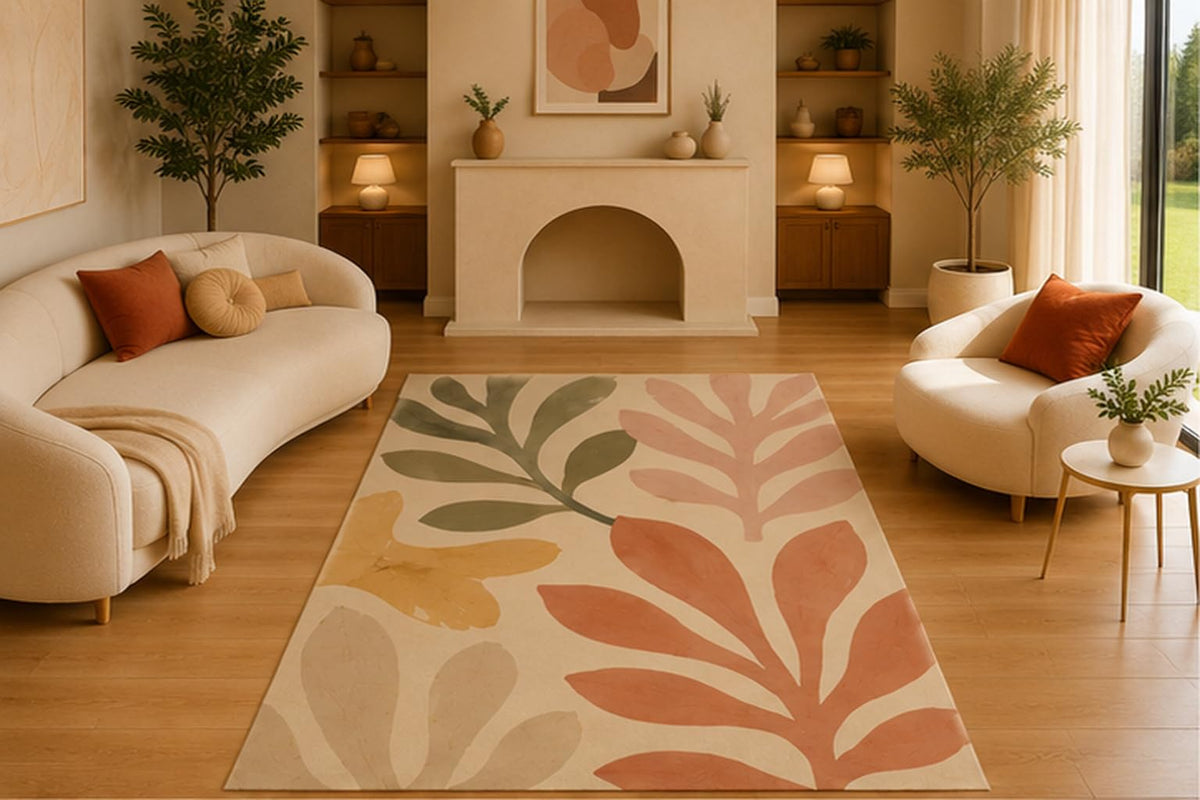 ICE ARMOR 5' x 7' Scandinavian Botanical Leaves Area Rug, Soft Low Pile Indoor Rug with Non-Slip Silicone Backing, Decorative Carpet for Living Room, Bedroom, Neutral