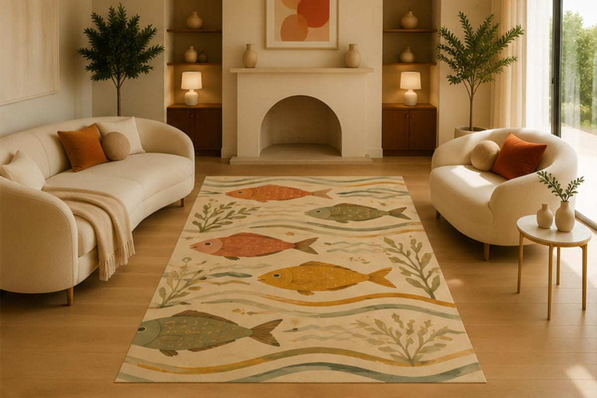 ICE ARMOR 5' x 7' Coastal Fish Pattern Area Rug, Soft Low Pile Indoor Rug with Non-Slip Silicone Backing, Decorative Carpet for Living Room, Bedroom, Ocean Inspired