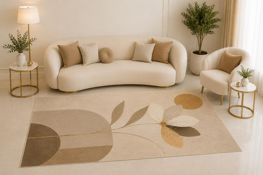 ICE ARMOR 5' x 7' Minimalist Floral Area Rug, Modern Beige Botanical Flower Abstract Design for Living Room Bedroom Office Decor, Non-Slip Silicone Backing Low Pile