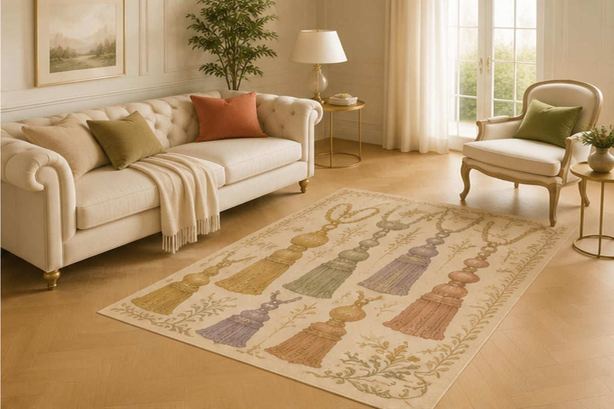 ICE ARMOR 5' x 7' Decorative Tassel Collection Area Rug for Living Room, Soft Low Pile Floor Cover with Non-Slip Silicone Backing for Bedroom, Dining Room, Office, Kids and Pets