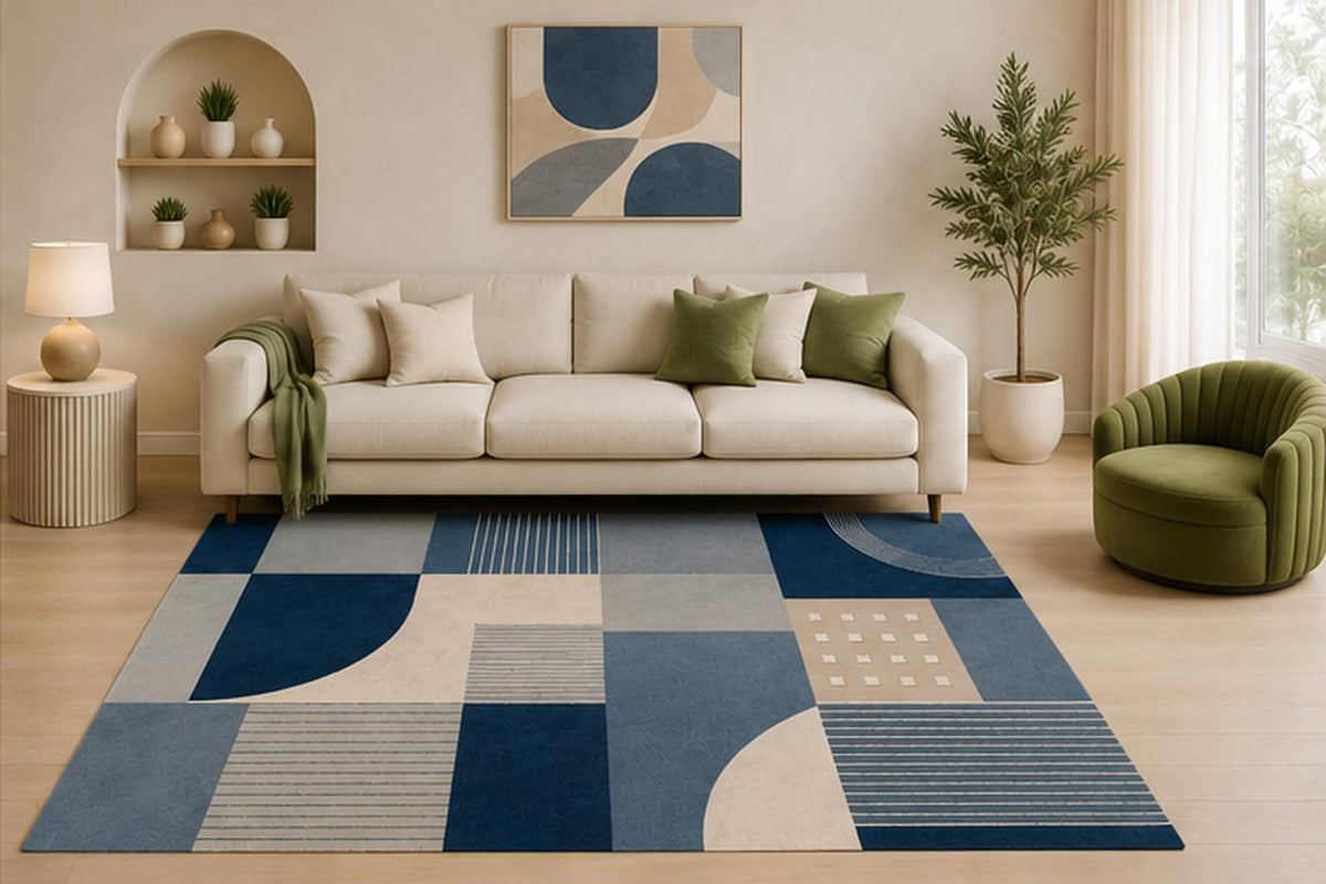 ICE ARMOR 5' x 7' Modern Patchwork Area Rug, Blue Gray Geometric Abstract Block Design for Living Room Bedroom Office, Non-Slip Silicone Backing, Low Pile Carpet
