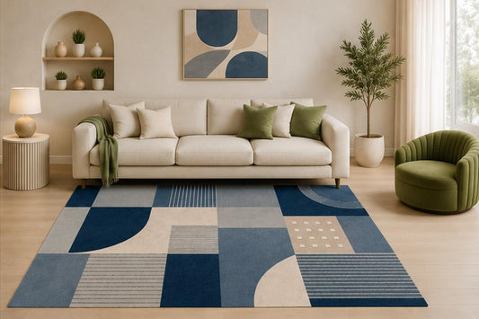 ICE ARMOR 5' x 7' Modern Patchwork Area Rug, Blue Gray Geometric Abstract Block Design for Living Room Bedroom Office, Non-Slip Silicone Backing, Low Pile Carpet