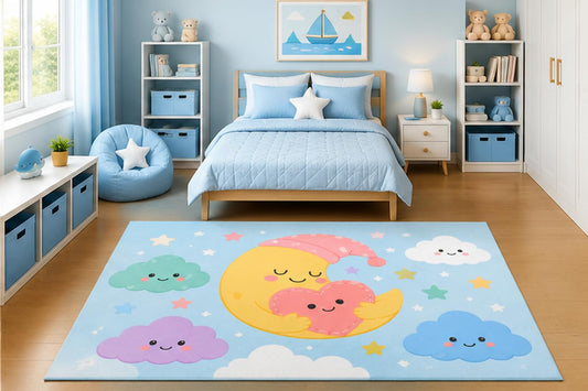 ICE ARMOR 5' x 7' Sleeping Moon Hugging Heart Area Rug for Kids Bedroom Nursery Playroom Scandinavian Minimalist Celestial Cloud Decor Non-Slip Silicone Backing Low Pile