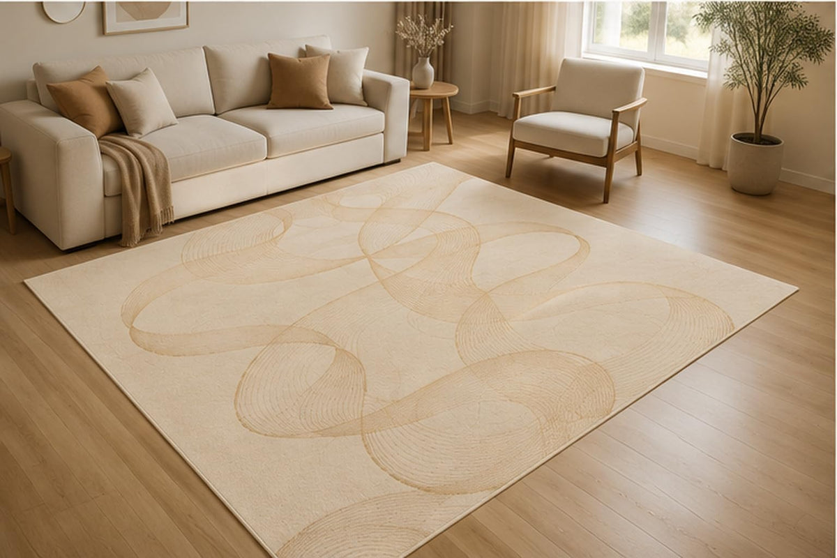 ICE ARMOR 5' x 7' Abstract Contour Loop Area Rug for Living Room, Soft Low Pile Indoor Rug with Non-Slip Silicone Backing, Minimal Decorative Carpet for Bedroom, Office, Family Room, Beige Tan