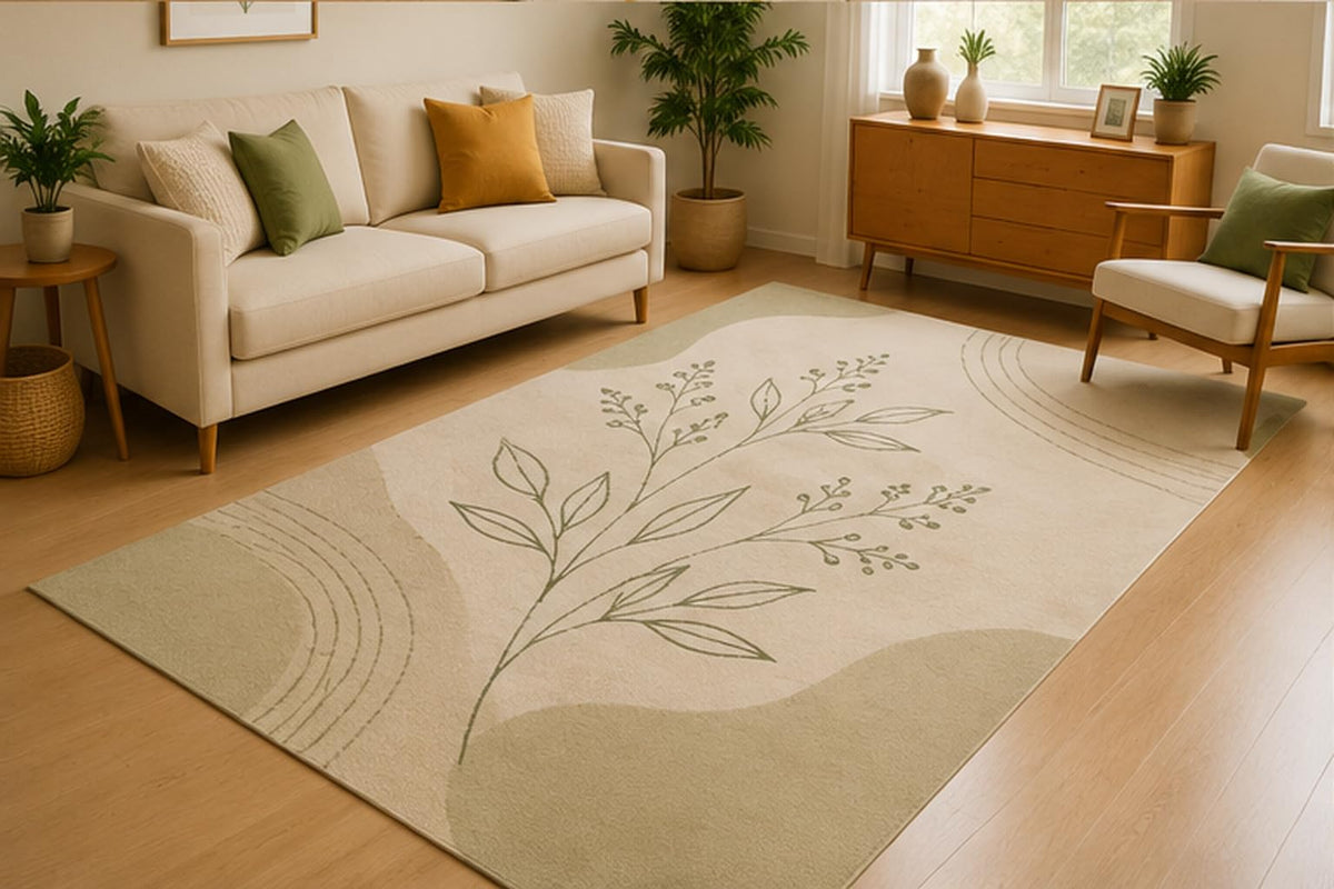 ICE ARMOR 5' x 7' Botanical Wildflower Line Art Area Rug for Living Room, Soft Low Pile Indoor Rug with Non-Slip Silicone Backing, Nature Carpet for Bedroom, Nursery, Family Room, Sage Green Beige