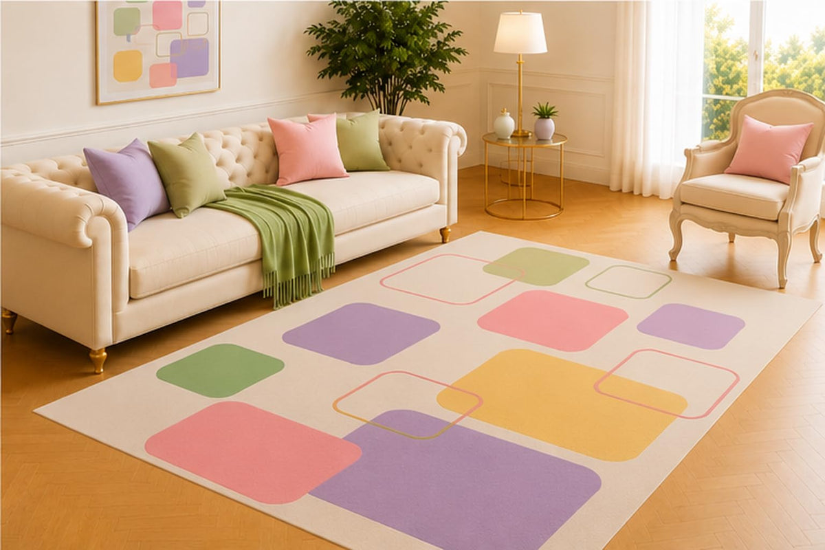 ICE ARMOR 5' x 7' Rounded Square Area Rug, Modern Geometric Block Design in Pink Lavender Sage Green Yellow and Cream, Soft Carpet for Living Room Bedroom Office
