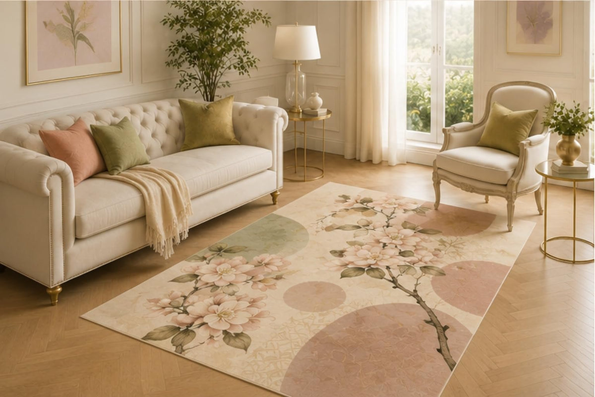 ICE ARMOR 5' x 7' Cherry Blossom Botanical Rug, Soft Low Pile Decorative Mat with Secure Silicone Grip for Living Room, Bedroom, Nursery, Office, Kids and Pets