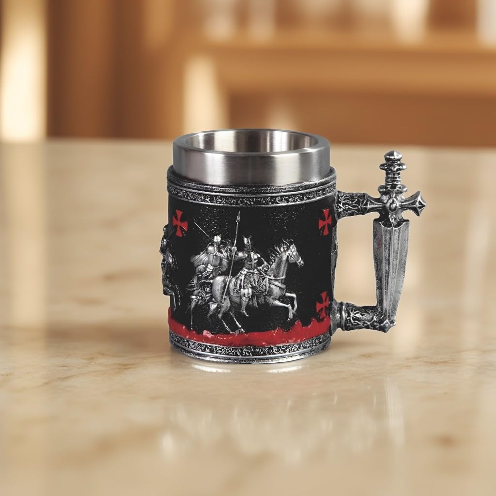 ICE ARMOR 6.5"W Crusader Knight Design Stainless Steel/Resin Beer Mug Tankard – Vintage Drinkware Cup for Beer, Coffee, Juice, Ale & Beverages, Rustic Barware (Wash by hand only)