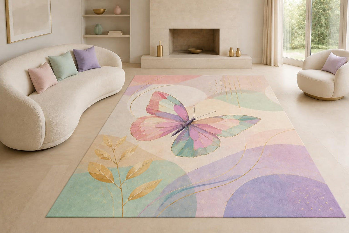 ICE ARMOR "Ultra Lightweight Large 6'7" x 9'10" Pastel Butterfly Curves Area Rug for Living Room, Bedroom and Home Office, Soft Low Pile Carpet with Non-Slip Silicone Backing, Pink and Mint