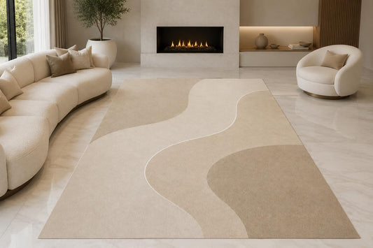 ICE ARMOR "Ultra Lightweight Large 6'7" x 9'10" Flowing Curves Area Rug for Living Room, Bedroom and Home Office, Soft Low Pile Carpet with Non-Slip Silicone Backing, Cream and Taupe