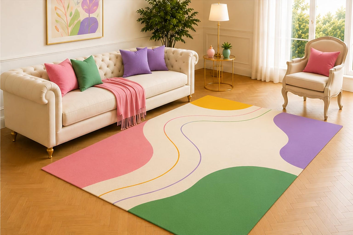 ICE ARMOR 5' x 7' Flowing Horizon Area Rug, Modern Abstract Wave Design in Pink Green Yellow Purple and Cream, Soft Low Pile Carpet for Living Room Bedroom Nursery Playroom Home Decor