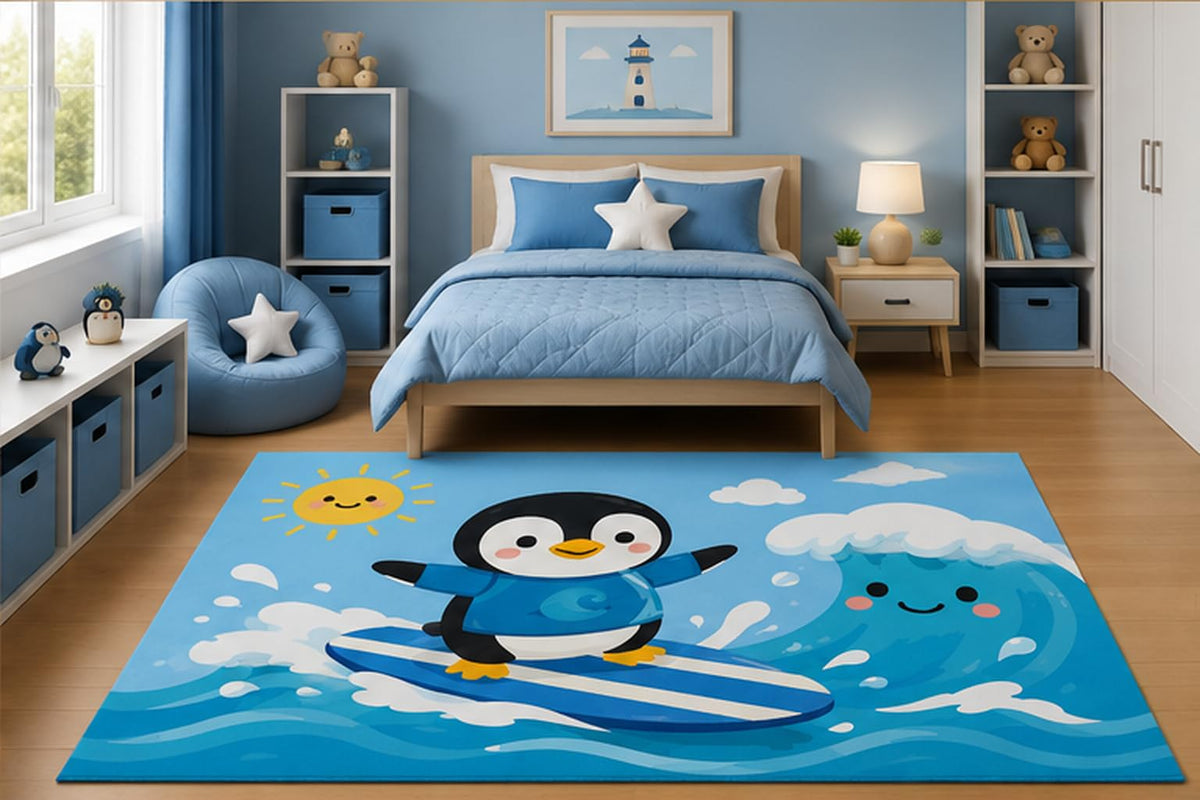 ICE ARMOR 5' x 7' Cute Surfing Penguin Area Rug for Kids Bedroom Nursery Playroom Scandinavian Minimalist Ocean Coastal Beach Decor Non-Slip Silicone Backing Low Pile