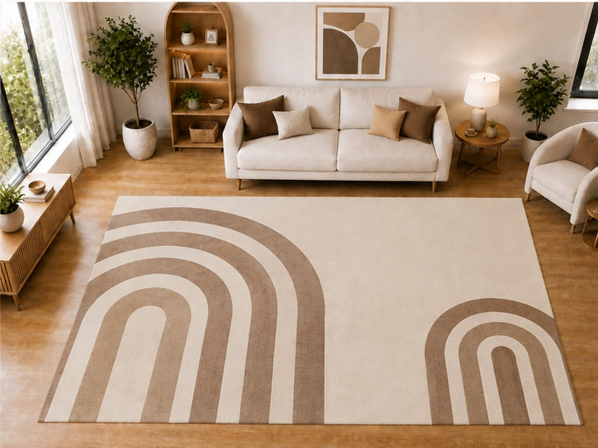 ICE ARMOR "Ultra Light Weight Large 6'7 x 9'10 Beige Double Arch Pattern Area Rug for Living Room Bedroom Dining Room Soft Low Pile Indoor Carpet Modern Neutral Floor Decor