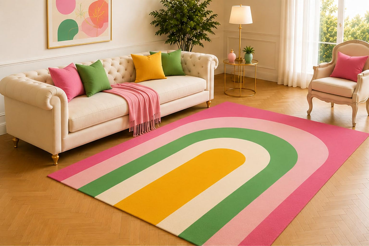 ICE ARMOR 5' x 7' Rainbow Arch Area Rug, Boho Minimalist Rainbow Design in Pink Green Yellow and Cream, Soft Low Pile Floor Carpet for Living Room, Bedroom, Nursery, Playroom and Kids Room