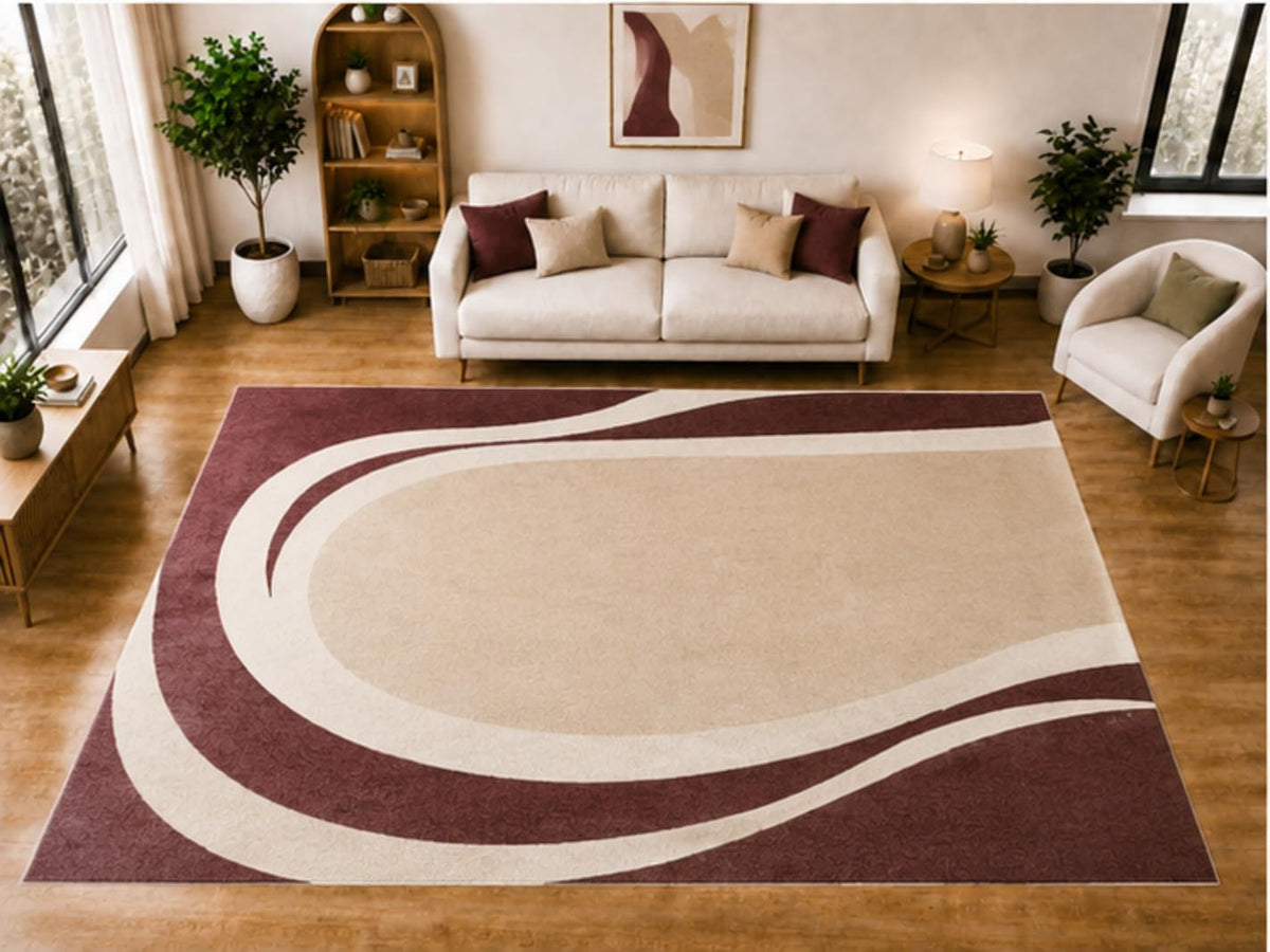 ICE ARMOR "Ultra Light Weight Large 6'7 x 9'10 Burgundy Sweeping Curve Pattern Area Rug for Living Room Bedroom Dining Room Soft Low Pile Indoor Carpet Modern Elegant Floor Decor