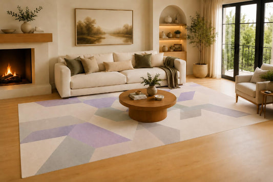 ICE ARMOR Large 6'7" x 9'10" Lavender and Ivory Faceted Angles Area Rug for Living Room, Soft Low Pile Carpet with Non-Slip Silicone Backing, Decor for Bedroom, Dining Area and Home Office