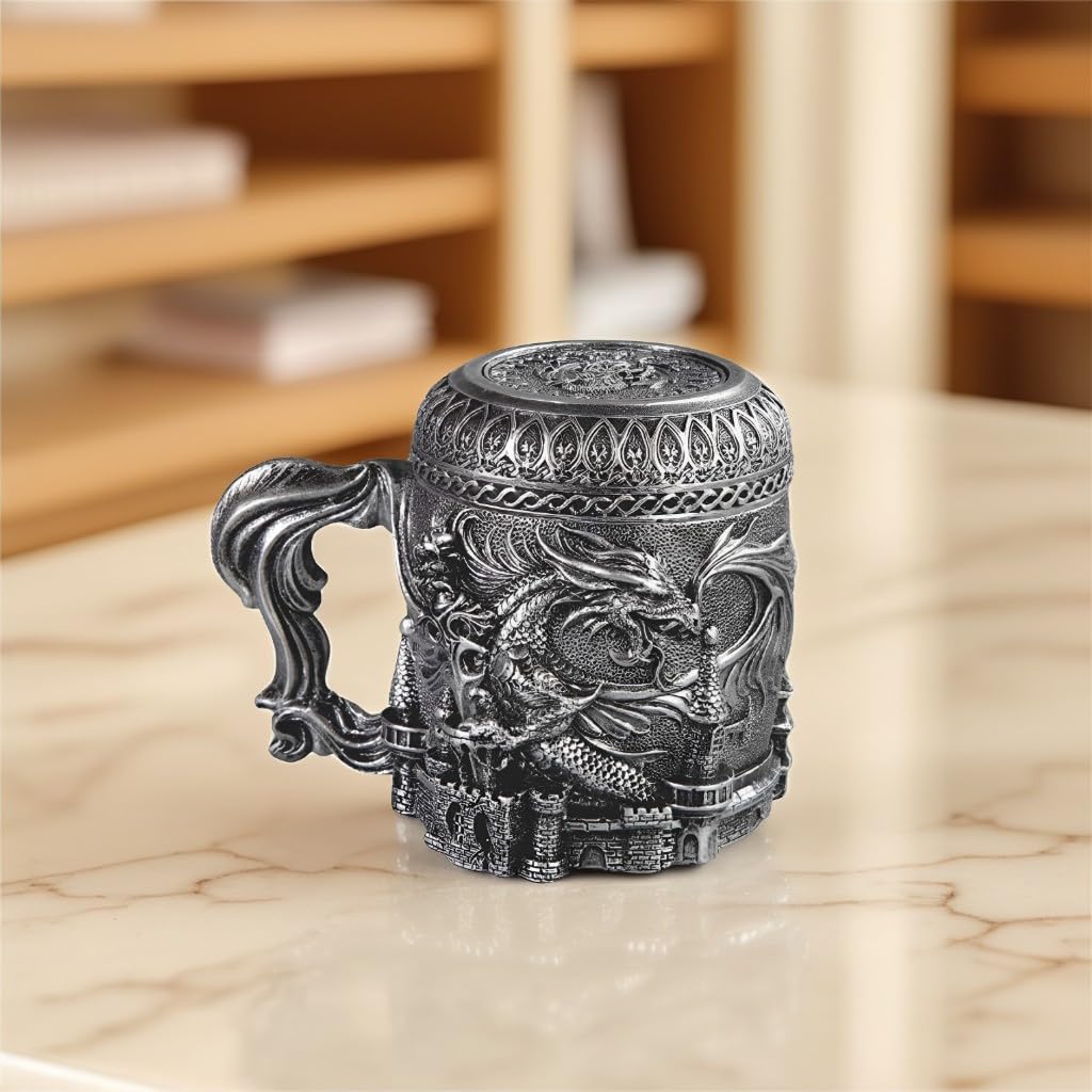 ICE ARMOR 6.75"W Dragon Castle Stainless Steel/Resin Beer Mug Tankard – Vintage Drinkware Cup for Beer, Coffee, Juice, Ale & Beverages, Rustic Barware (Wash by hand only)