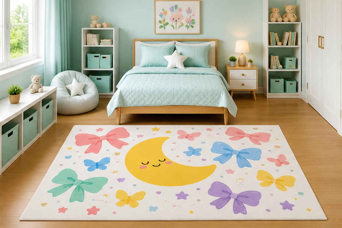 ICE ARMOR 5' x 7' Sleeping Moon with Pastel Bows Area Rug for Girls Bedroom Nursery Playroom Scandinavian Minimalist Kawaii Celestial Decor Non-Slip Silicone Backing Low Pile