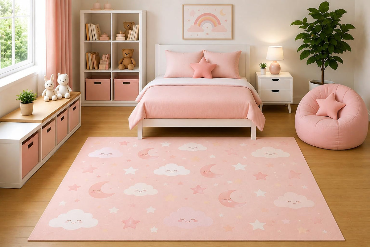 ICE ARMOR 5' x 7' Pink Moon and Stars Area Rug Cute Celestial Nursery Girls Bedroom Playroom Decor Kawaii Pastel Theme Non-Slip Silicone Backing Low Pile