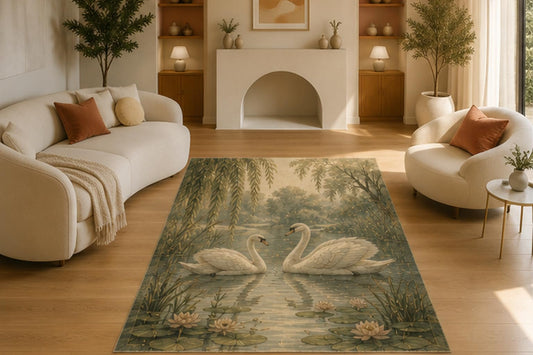 ICE ARMOR 5' x 7' Romantic Swan Pond Area Rug, Soft Low Pile Non-Slip Indoor Carpet for Living Room, Bedroom, Office, Family Room and Nature Inspired Home Decor, Green