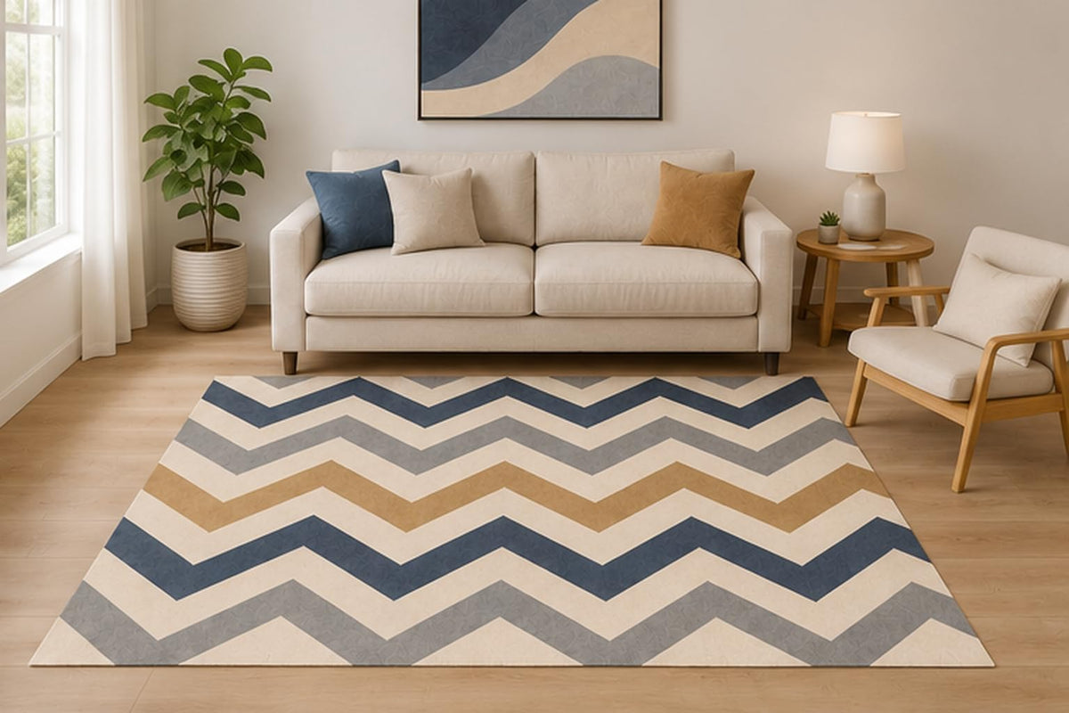 ICE ARMOR 5' x 7' Chevron Geometric Area Rug, Neutral Gray White Modern Zigzag Pattern for Living Room Bedroom Office, Non-Slip Silicone Backing, Low Pile Carpet