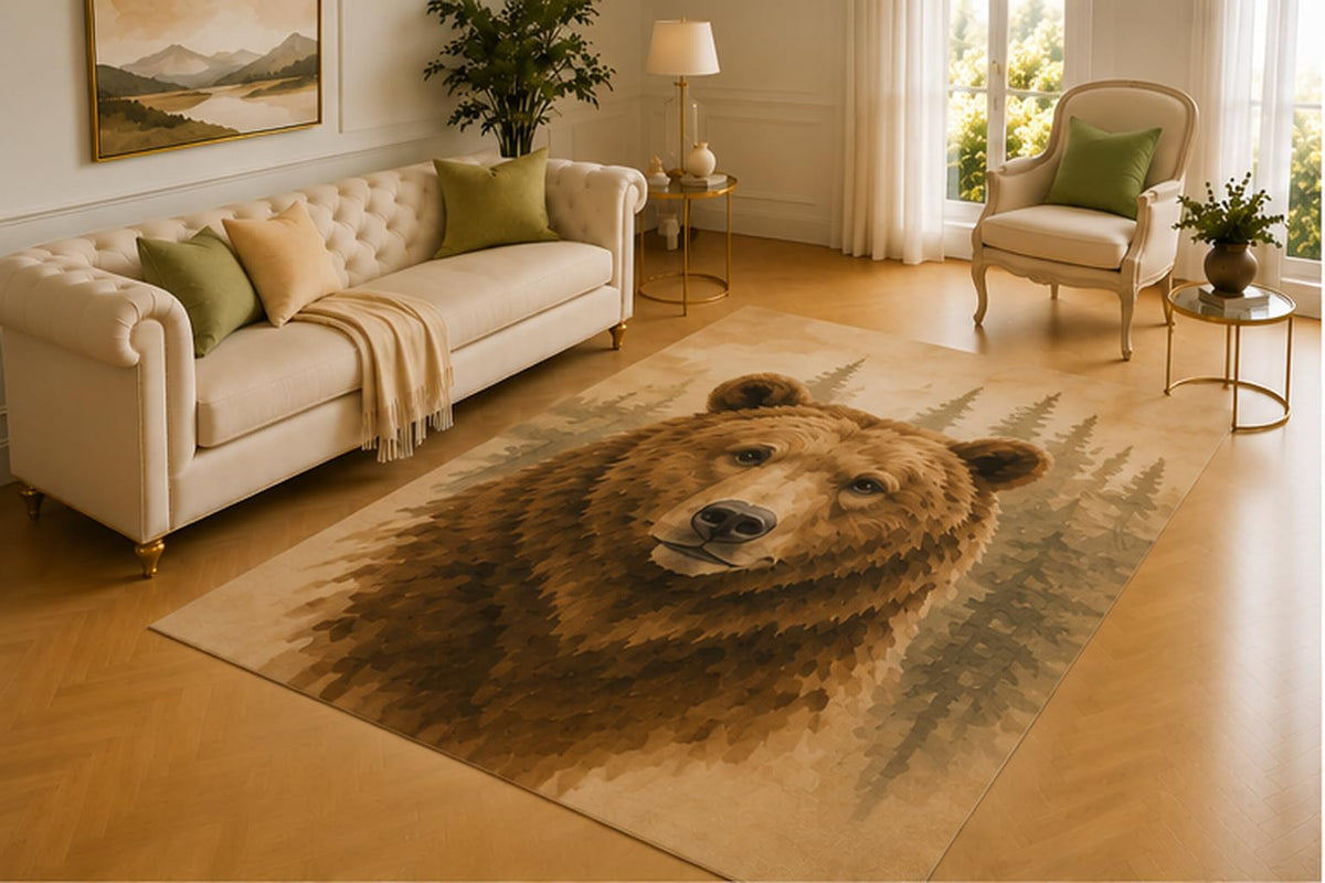 ICE ARMOR 5' x 7' Brown Bear Rug, Woodland Pine Forest Artwork, Soft Printed Floor Cover for Living Room, Bedroom, Cabin, Lodge and Rustic Nature Decor