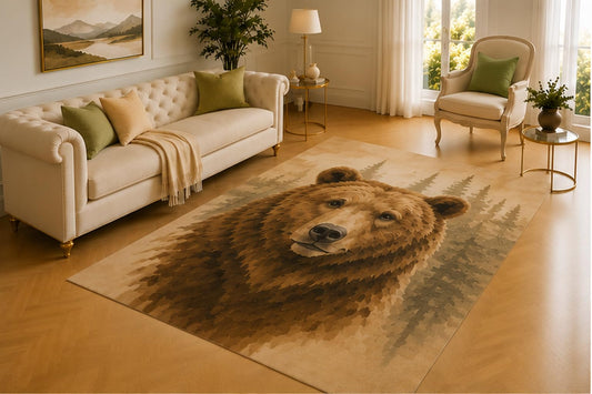 ICE ARMOR 5' x 7' Brown Bear Rug, Woodland Pine Forest Artwork, Soft Printed Floor Cover for Living Room, Bedroom, Cabin, Lodge and Rustic Nature Decor