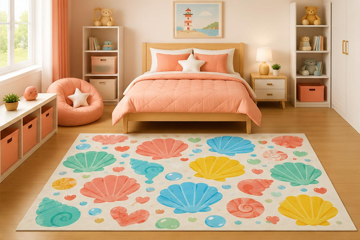 ICE ARMOR 5' x 7' Pastel Seashell and Heart Pattern Area Rug for Kids Bedroom Nursery Playroom Scandinavian Minimalist Beach Coastal Decor Non-Slip Silicone Backing Low Pile